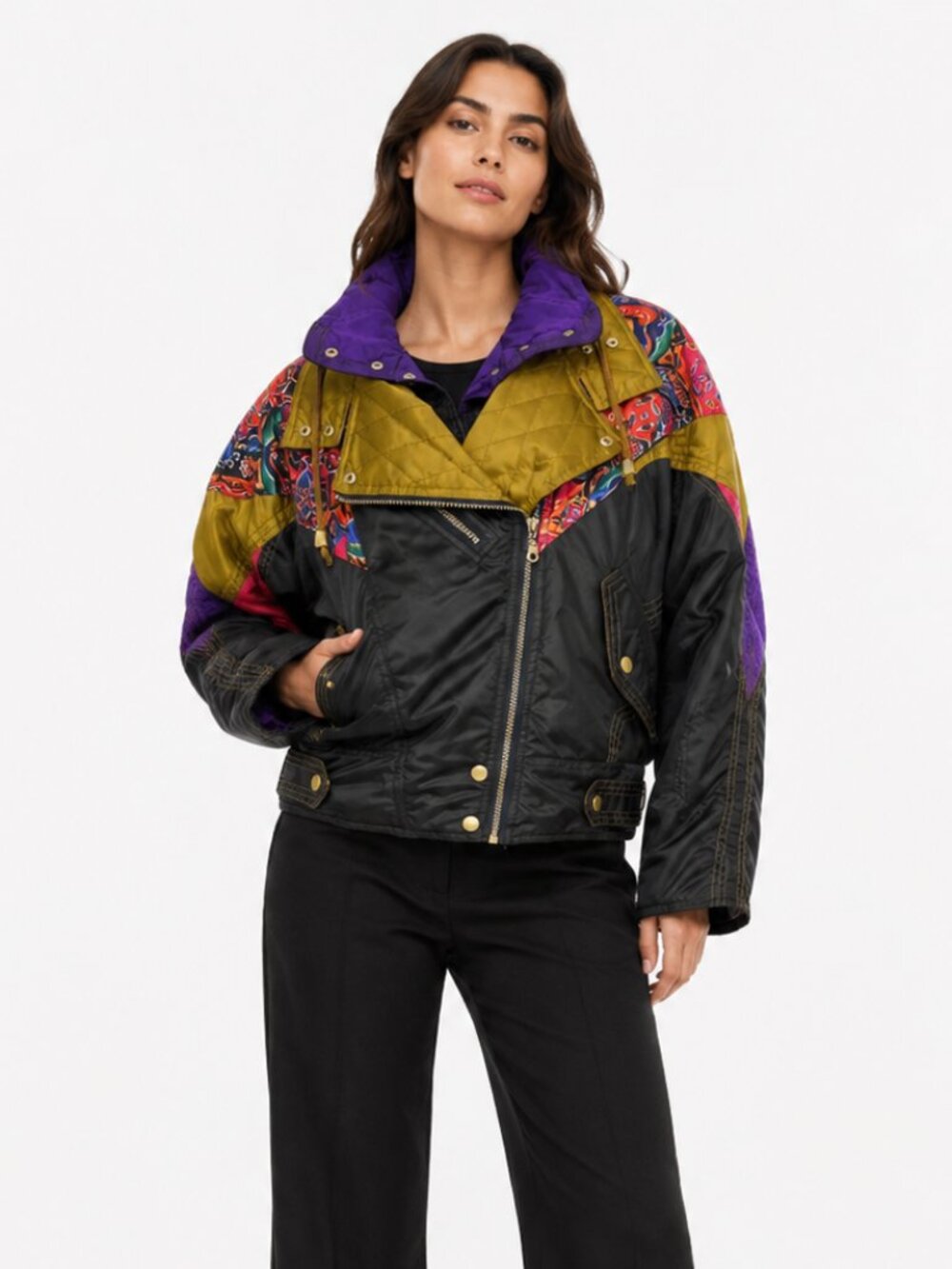 NEVICA VIRAGE SPORT VINTAGE 80S BLACK COLORFUL COMBO ZIP UP WAXED APRES SKI COAT
